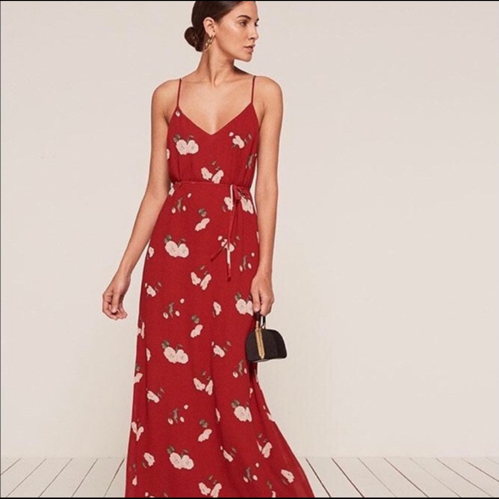 Reformation Red Floral Slip Maxi Dress